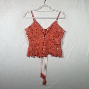 Willow Root Lace Crochet Tank Top Coral Orange Size M Adjustable Straps Back Zip